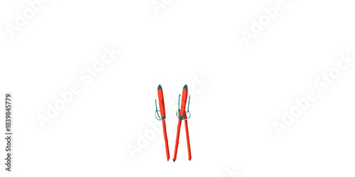 A pair of red abstractly shaped objects stand against a stark black background