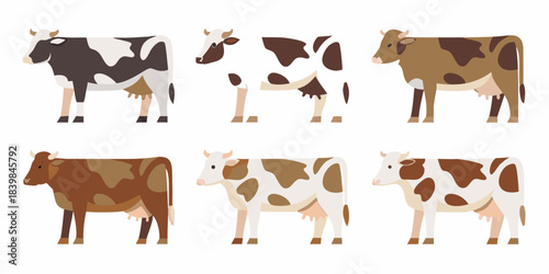 A collection of six cartoon cows in various brown and black patterns