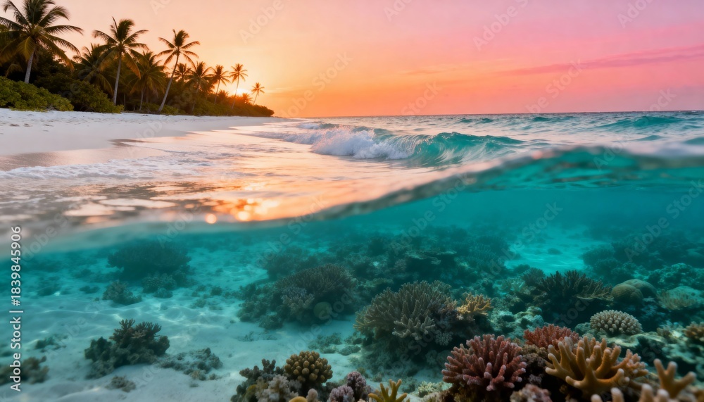 Naklejka premium Vibrant Tropical Beachscape with Sun Setting Over Palm Trees and Clear Ocean Waters Showcasing Coral Reef Underwater Life and Serene Coastal Atmosphere