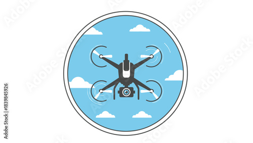 Quadcopter drone with camera flying in a clear blue sky with white clouds, depicted within a circular frame, representing modern aerial photography technology.