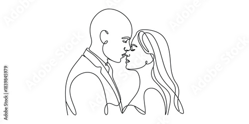 Minimalist one line drawing of couple about to kiss