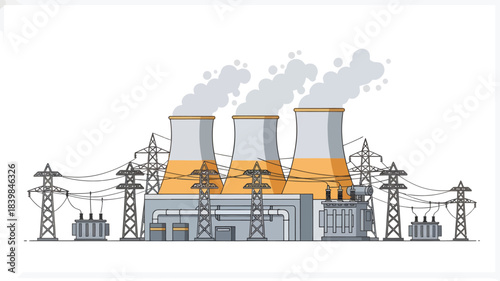 Illustration of a power plant with smokestacks emitting smoke