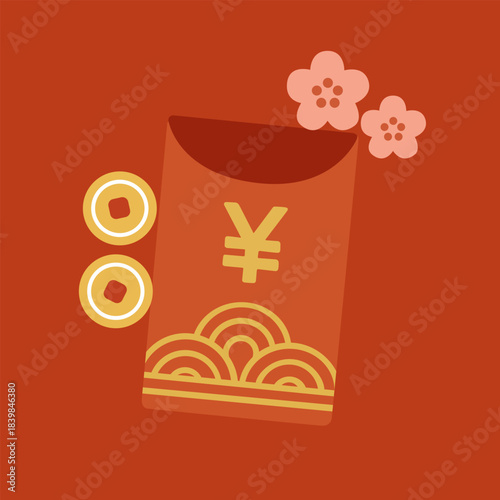 Lunar New Year Red Packet with Gold Coins and Cherry Blossoms