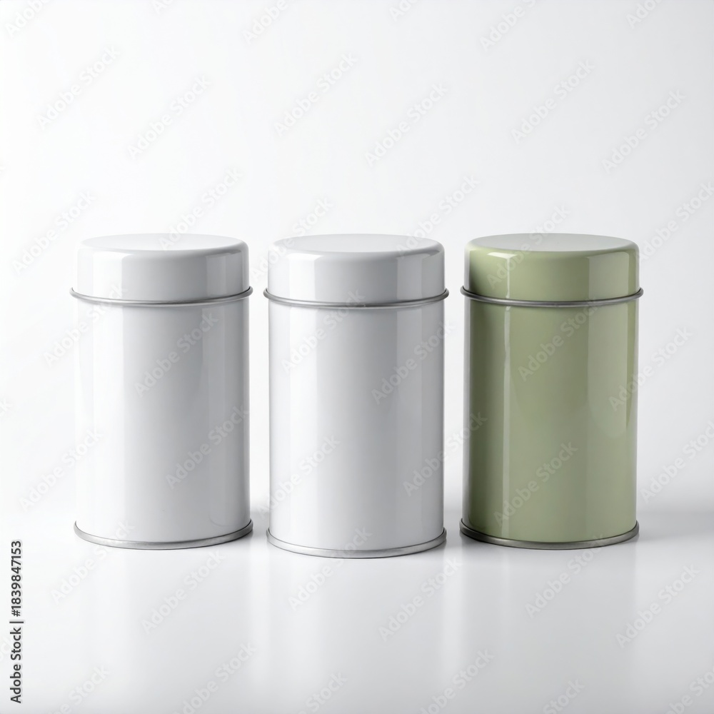 custom made wallpaper toronto digitalThree Cylindrical Metal Containers in White and Green Against White Background