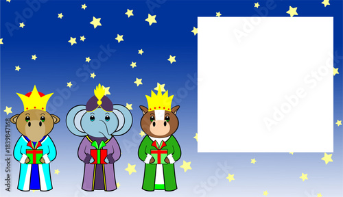 The Three Kings animals character cartoon pictureframe in vector format