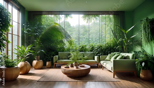 A tranquil green living room interior design, adorned with lush indoor plants and bathed in abundant natural light, creating a serene botanical sanctuary