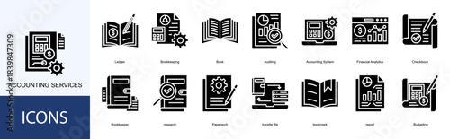 accounting services icon collection set. Containing Ledger, Bookkeeping, Book, Auditing, Accounting System, Financial Analytics icon
