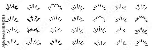 Hand drawn line art bursts with surprise rays and sparkles. Doodle hand drawn starburst icons shine bright. Surprise shapes for comic effects, manga splash, cartoon decorations. Vector illustration