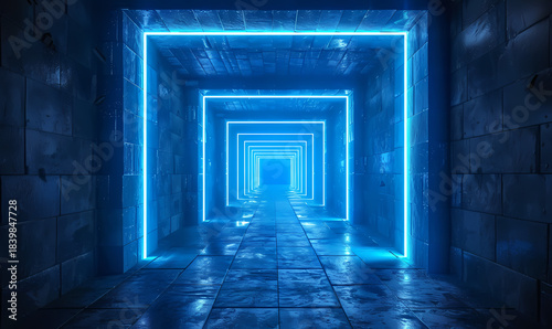 Fototapeta Naklejka Na Ścianę i Meble -  Neon Blue Tunnel Futuristic Corridor