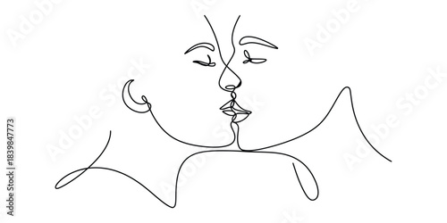 Minimalist continuous line art drawing of two faces kissing