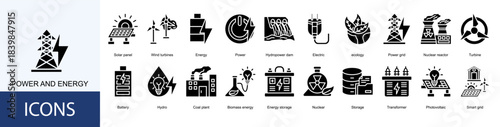 power and energy icon collection set. Containing Solar panel, Wind turbines, Energy, Power, Hydropower dam, Electric, ecology icon