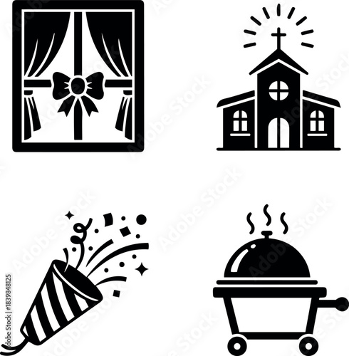 Celebration and Event Icons Set: Church, Window Decor, Party Popper, and Catering Cart