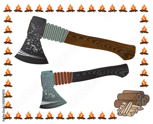 キャンプ道具の柄に木目と紐巻き柄入りの手斧（ハンドアックス）イラスト（焚き火、丸太、薪プチアイコン入り）