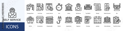self service icon collection set. Containing Changing Room, Fuel Pump, Laundry Service, time, Library icon