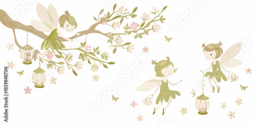 Charming fairies among blossoming branches and delicate floral details