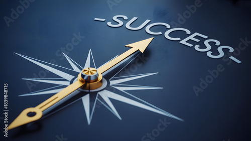 Golden compass arrow pointing towards the word success on a dark blue background symbolizing direction and achievement in business and life