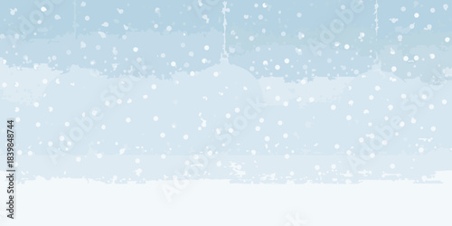 A pale blue winter background with falling snow and a white base