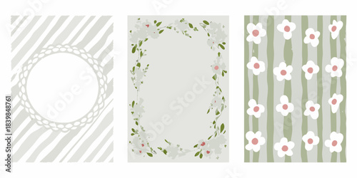 Three decorative background panels with floral and striped designs