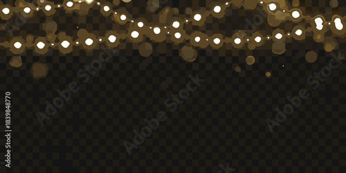 Golden string lights softly illuminate a dark transparent background
