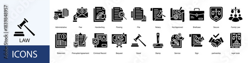 Law icon collection set. Containing Administrative, Fee, Handwriting, Parsing, File, Notary icon