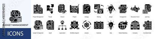 budget management icon collection set. Containing Project Management, Puzzle, Closure, Project, strategy, Sharing, design, management icon