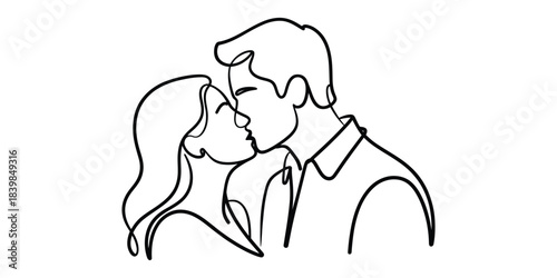 Minimalist one line drawing of couple kissing, romantic love