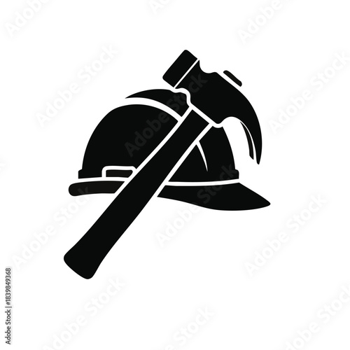 Black and White Hammer Resting on a Circular Saw Blade Illustration.