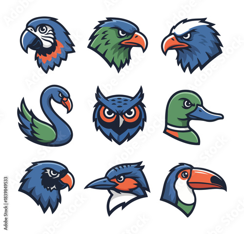 Set of colorful bird heads for design and decoration