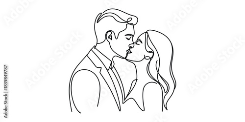 Minimalist one line drawing of couple kissing in love