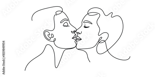 Minimalist continuous line art drawing of two people kissing