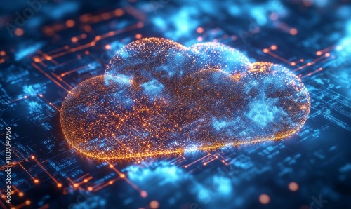 Global networked connections with electronic databases and futuristic cloud computing grids. Cybersecurity measures, data protection technologies, and holographic patterns, Generative AI