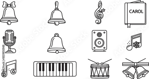 Christmas Music Icons Set – Festive Bells, Notes, Instruments, and Holiday Line Art Elements