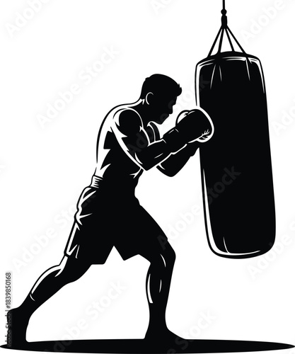 Boxer Training with Punching Bag in Silhouette Style Illustration