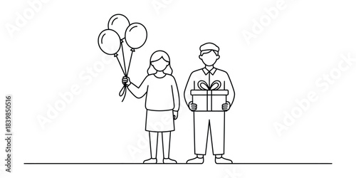 A man and woman in a simple line drawing style with balloons and gift