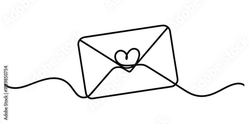 Continuous line drawing of an envelope with a heart on it