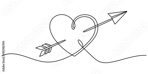 Continuous line drawing of heart pierced by an arrow on