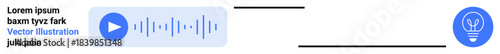 Audio interfaces, creative brainstorming, content creation, innovation tools, design thinking, modern technology. Play button and sound wave connected to a light bulb icon. Creativity and content