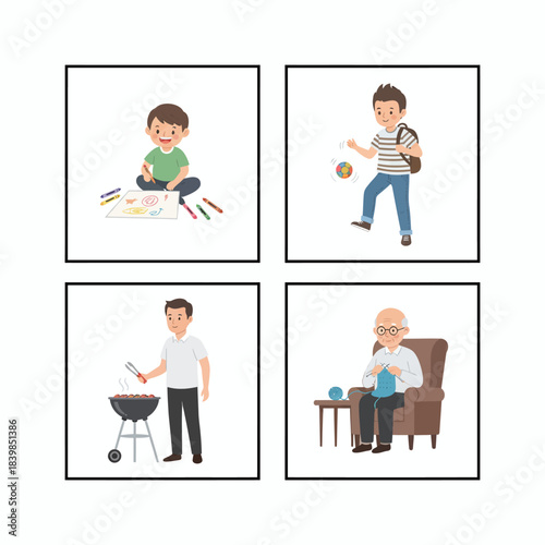Life Stages Illustration Set – Childhood to Old Age Activities
