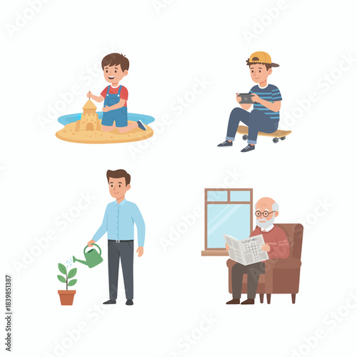 Life Stages Illustration Set – Childhood to Old Age Activities