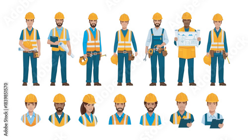 Collection of Diverse Construction Workers and Engineers in Safety Gear with Hard Hats, Tools, and Blueprints