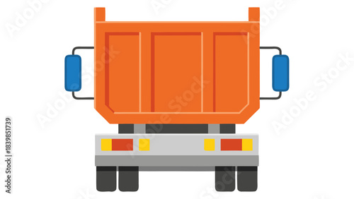 Rear View of a Bright Orange Dump Truck with Blue Accents and Silver Bumper on a Black Background Flat Design Illustration
