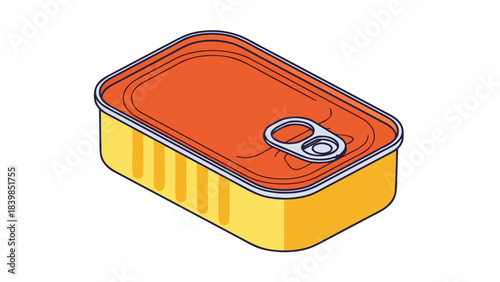Rectangular Orange Lidded Tin Can with Pull Tab Isometric View Isolated on Black Background with Yellow Striped Sides