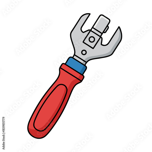 Red and Blue Adjustable Wrench Tool with Silver Metal Head on Black Background