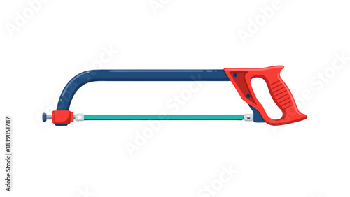 Red and Blue Hacksaw Tool with Teal Blade and Black Background Illustration