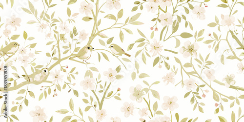 Delicate floral pattern with small birds among blossoming branches and green leaves
