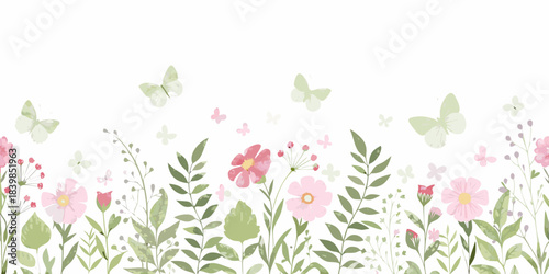 Watercolor floral border with delicate pink flowers and fluttering green butterflies