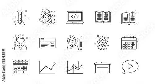 A collection of black and white line icons representing various concepts related to education, science, technology, and business analytics, including books, graphs, laptops, and lab equipment.