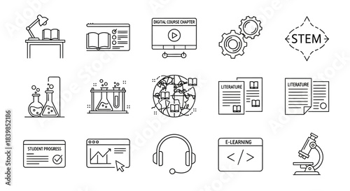 Line art icons representing education, science, technology, engineering, and online learning concepts.