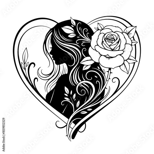 Silhouette of a woman with a rose within a heart shape