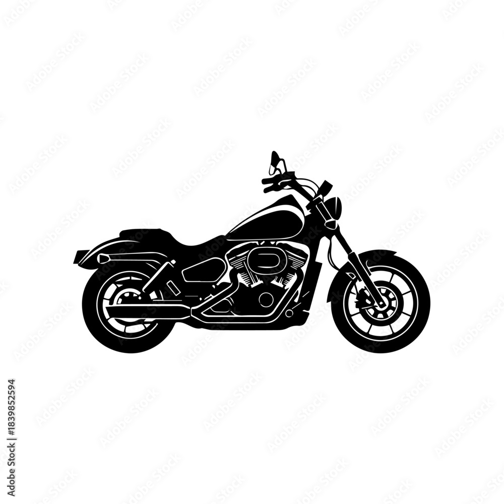 Obraz premium Black Silhouette of a Modern Cruiser Motorcycle on a White Background